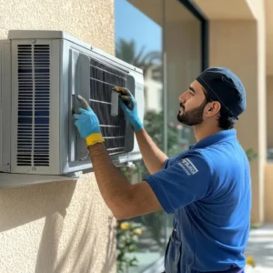 Blog 1 HVAC Technician servicing air conditioning unit outside of utah home