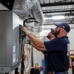HVAC technicians servicing a furnace system in commercial building