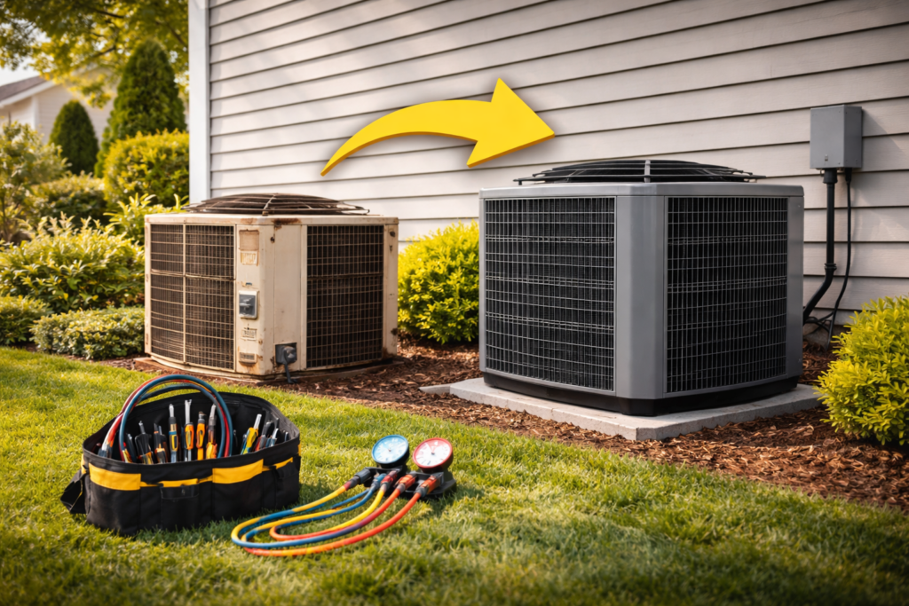 AC Repair vs. Replacement: Guide For Utah Homeowners 1 Two air conditioning units outside a Utah house