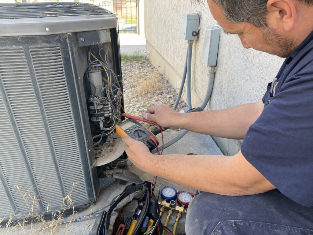 Technician diagnosing an air conditioning unit at West Jordan home