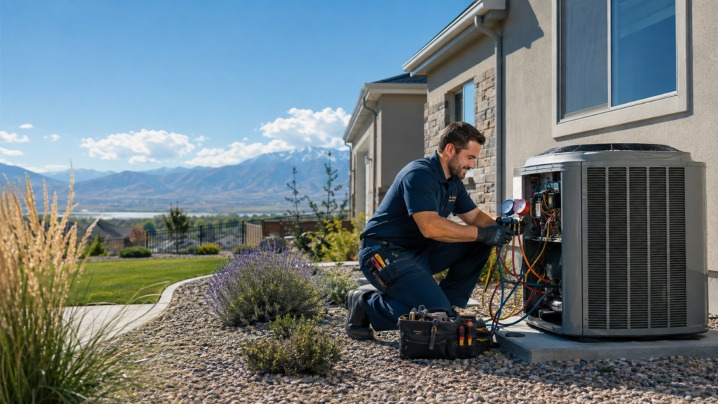 HVAC technician performing AC repair at a home in Lehi Utah