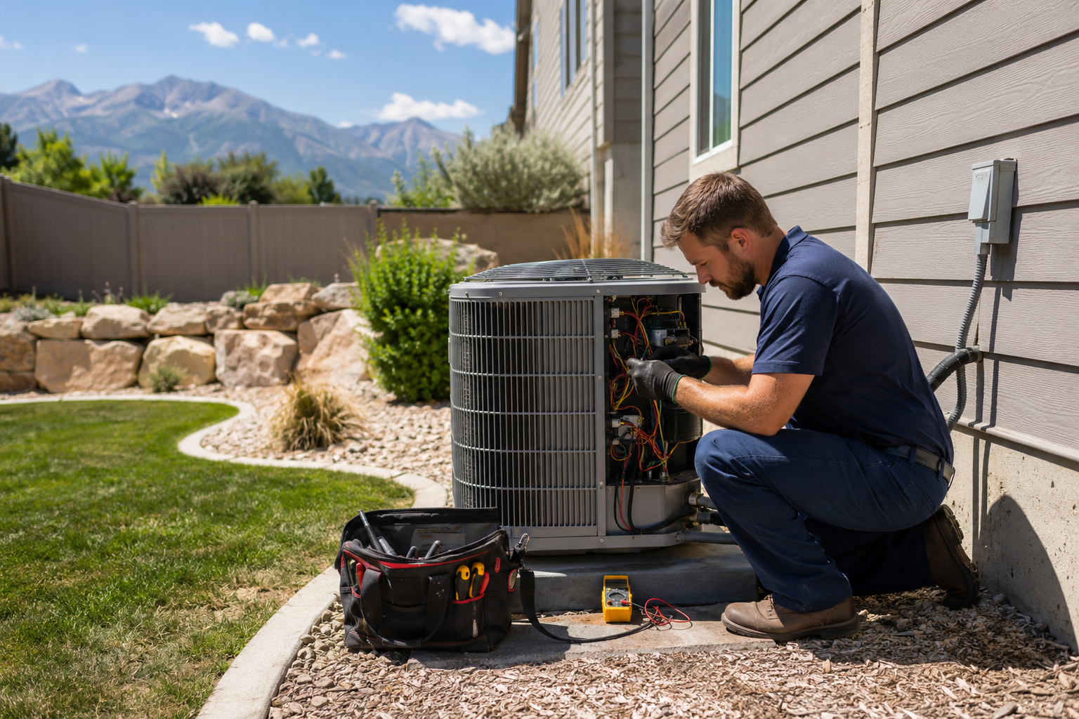 HVAC technician performing AC maintenance at a Salt Lake City Utah home