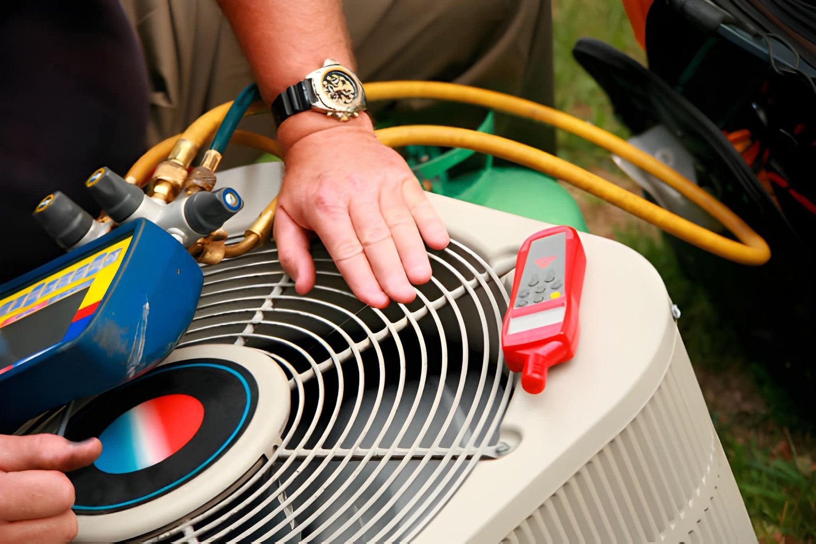 Technician checking refrigerant pressure with manifold gauges during AC maintenance in Provo, UT
