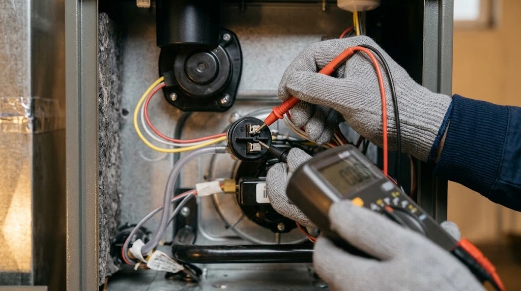 Furnace repair in Taylorsville, UT with a technician testing the pressure switch