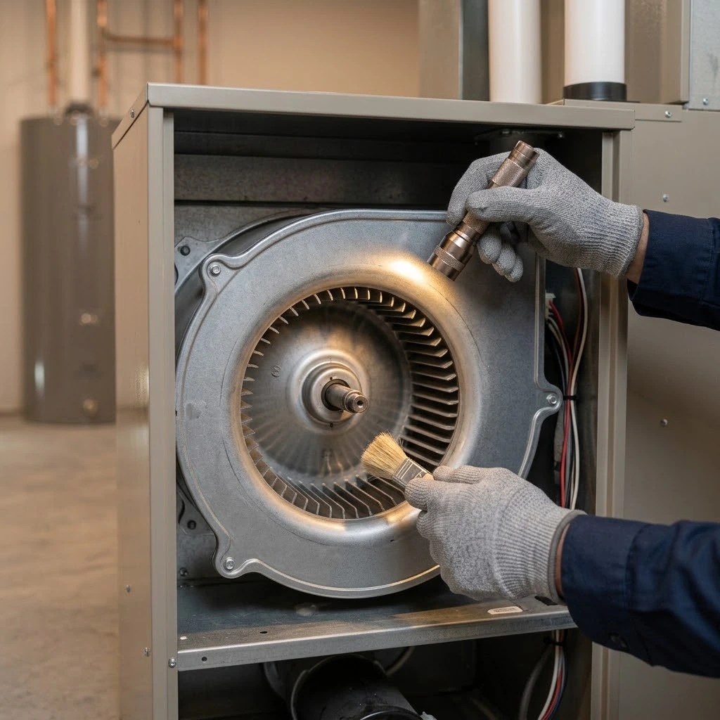 Furnace maintenance in American Fork, UT with a technician inspecting the blower wheel