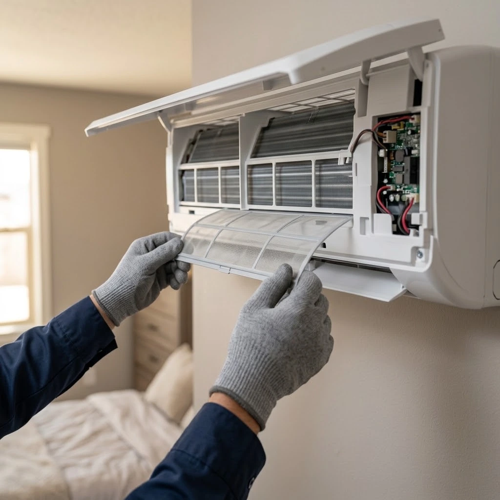 Ductless systems in American Fork, UT with a technician cleaning a mini split indoor unit filter