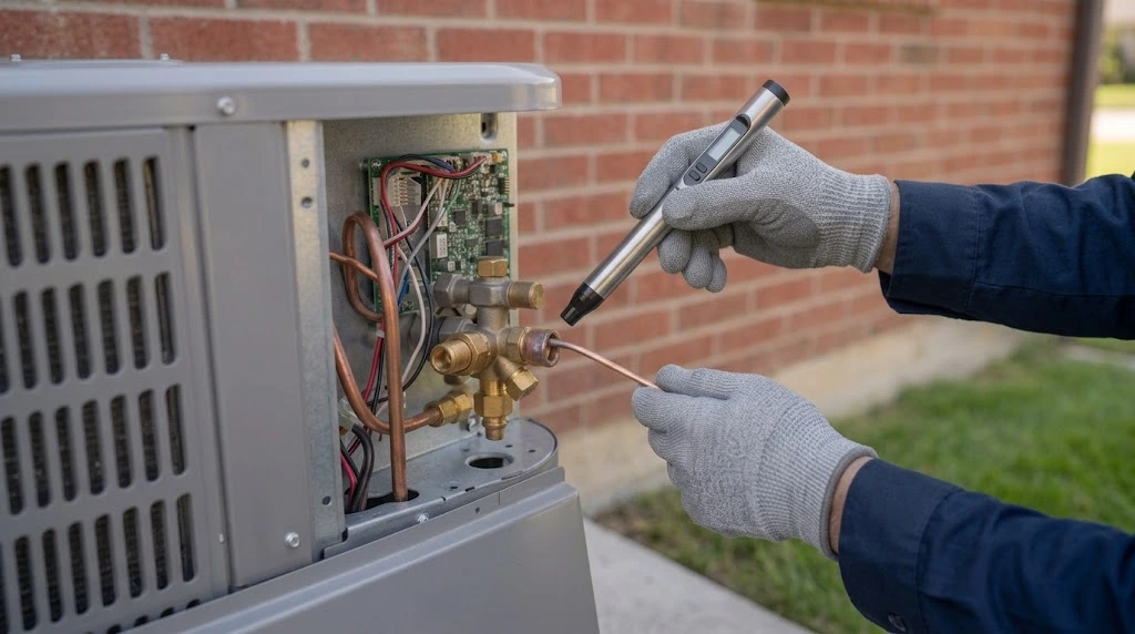 AC repair in Taylorsville, UT with a technician checking a refrigerant line for leaks