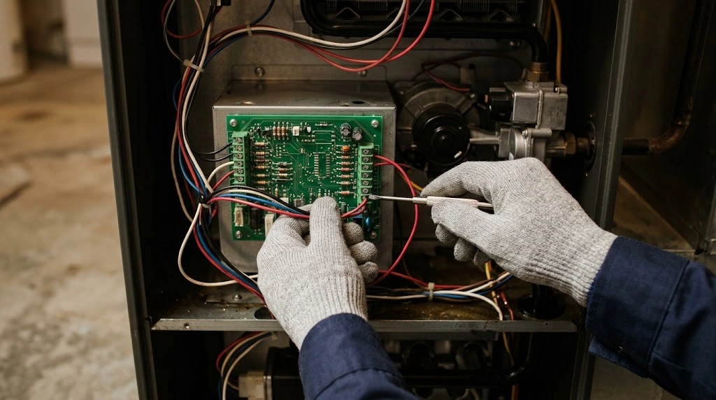 Furnace maintenance in Taylorsville, UT with a technician tightening control board connections