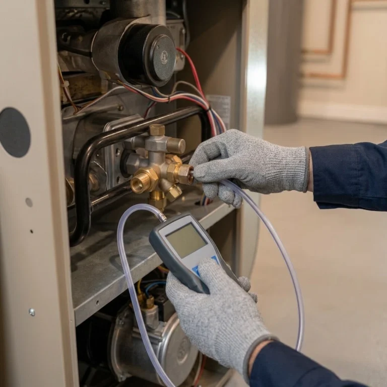 Furnace replacement in American Fork, UT with a technician testing gas pressure on a new furnace