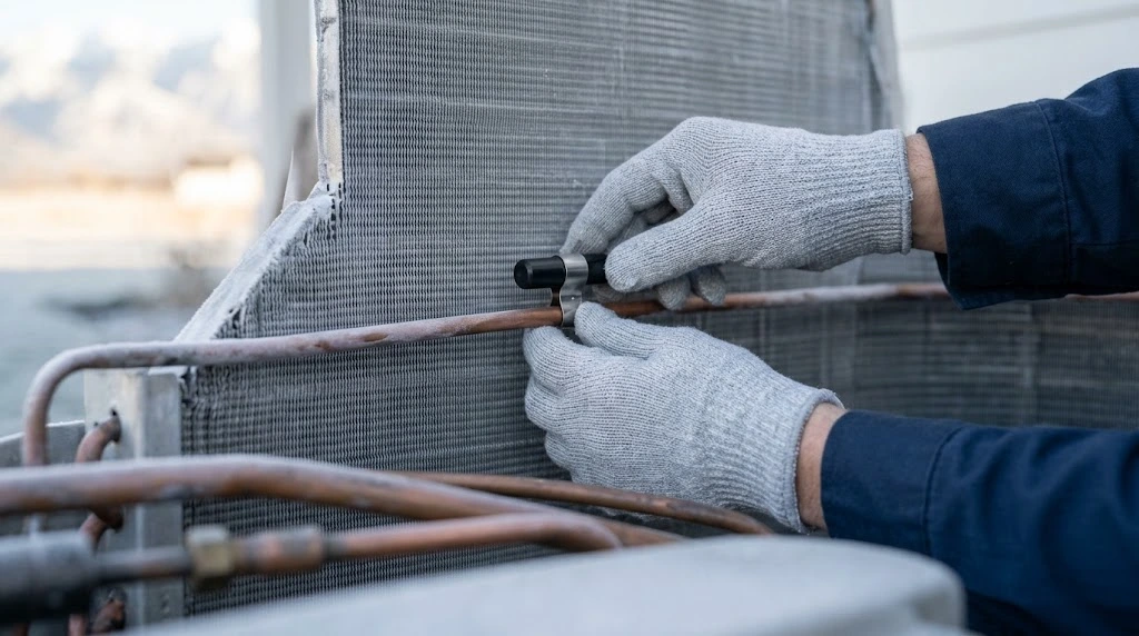 Heat pumps in South Jordan, UT with a technician checking the defrost sensor on the outdoor coil