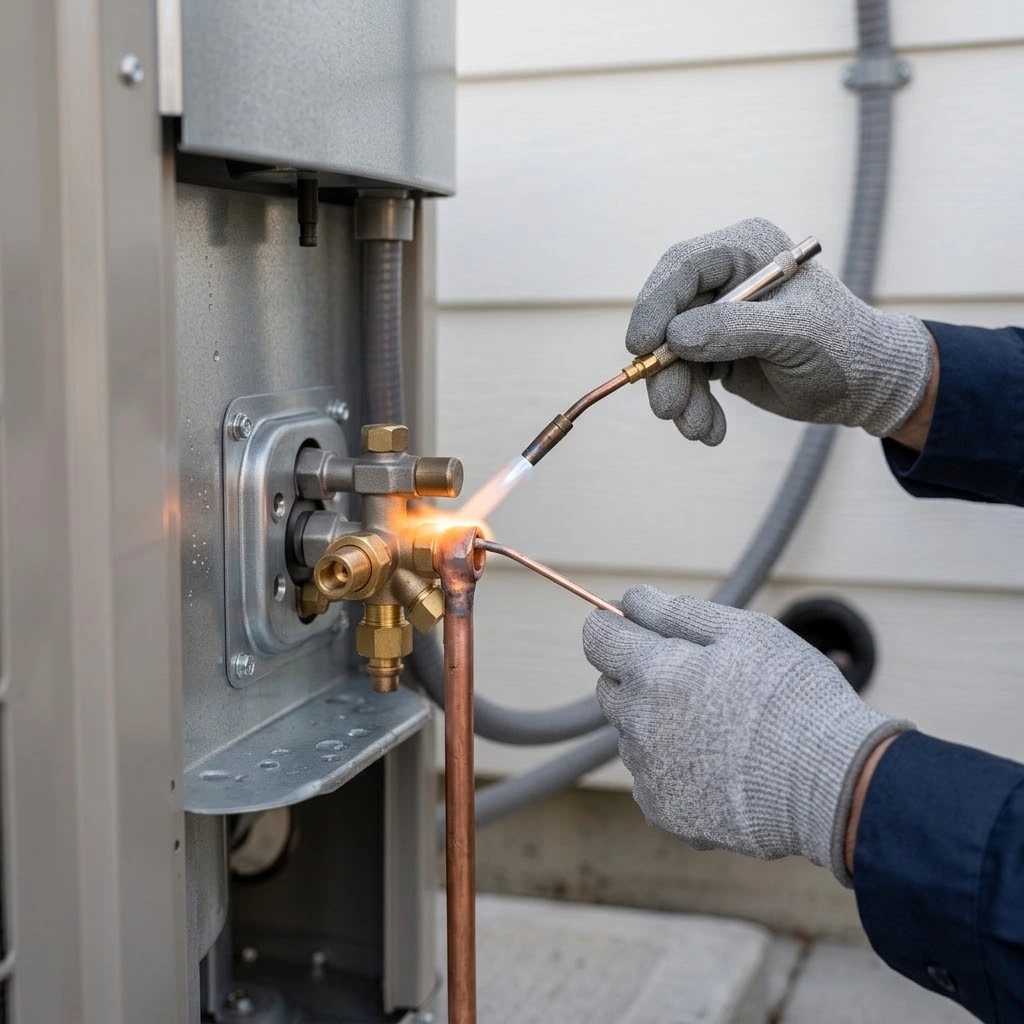 AC replacement in American Fork, UT with a technician brazing a copper refrigerant line