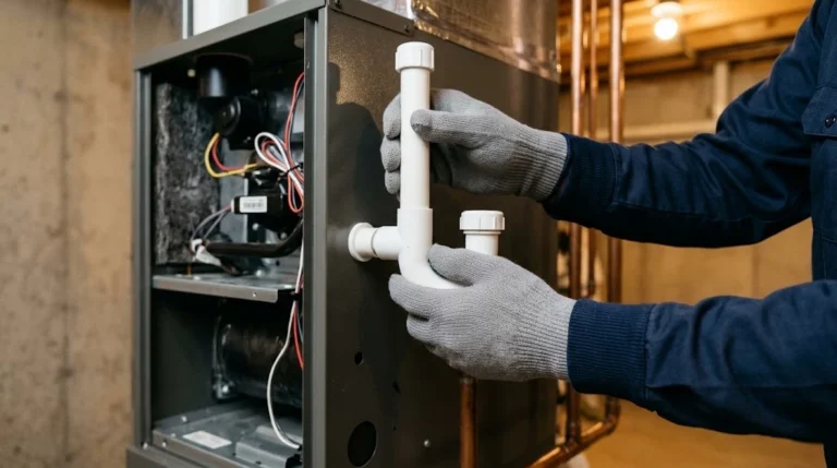 Furnace replacement in Taylorsville, UT with a technician installing the condensate drain trap
