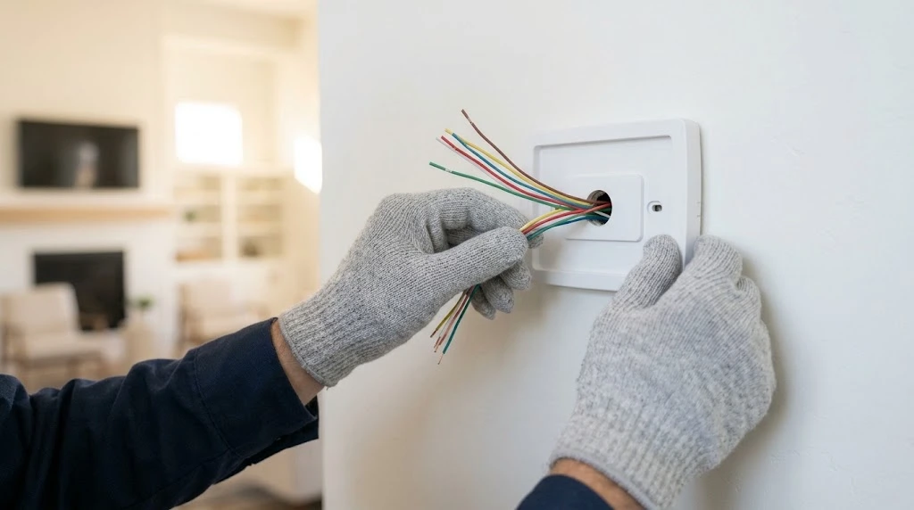 Thermostat installation in South Jordan, UT with a technician pulling wires through a thermostat base