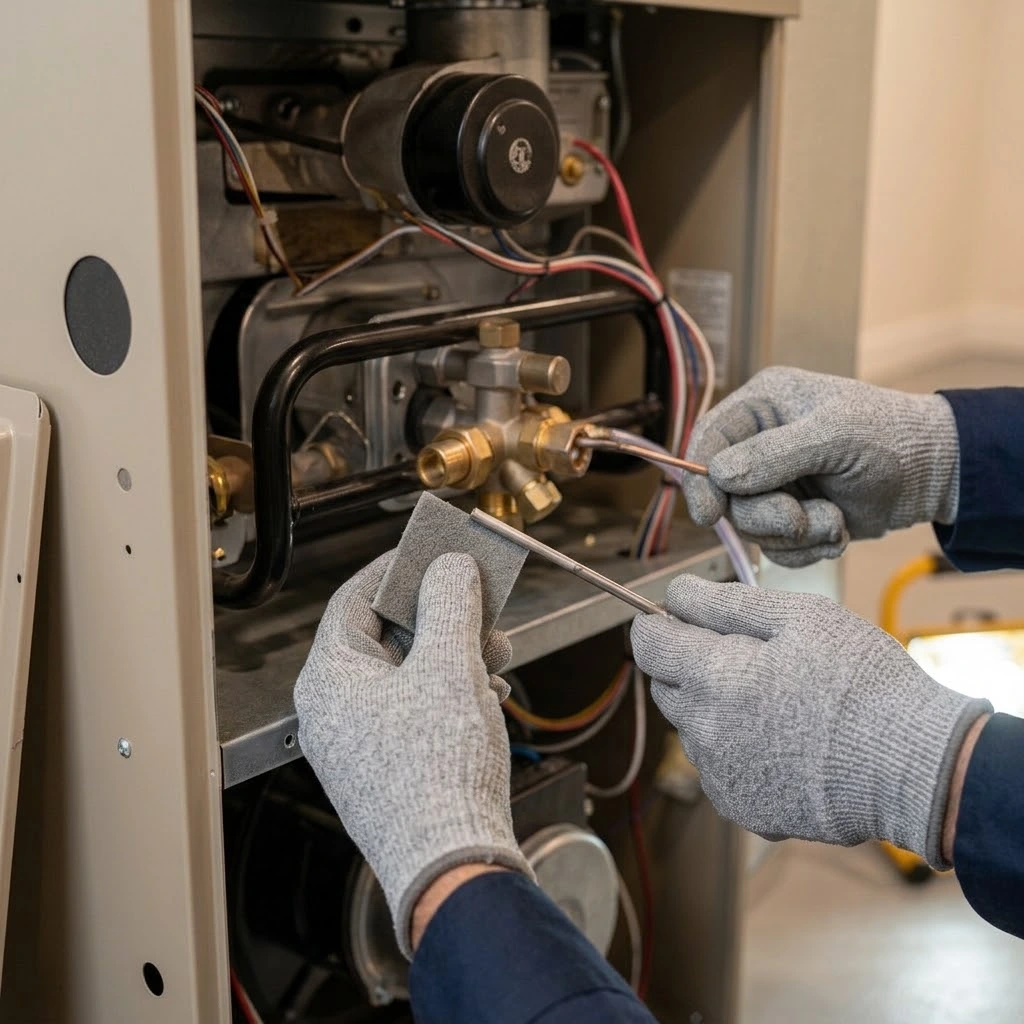 Furnace repair in American Fork, UT with a technician cleaning the flame sensor