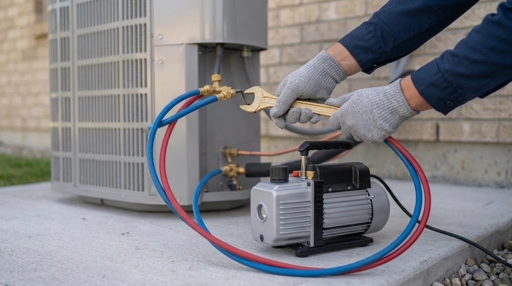 AC replacement in Taylorsville, UT with a technician running a vacuum pump on a new system
