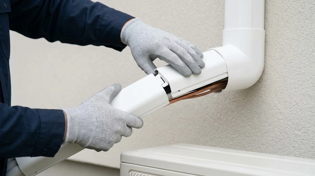 Ductless systems in South Jordan, UT with a technician installing a line set cover outside