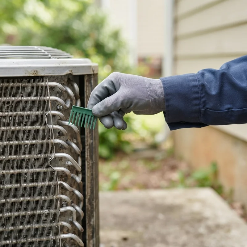 Technician straightening condenser fins during an AC tune-up in Pleasant Grove, UT