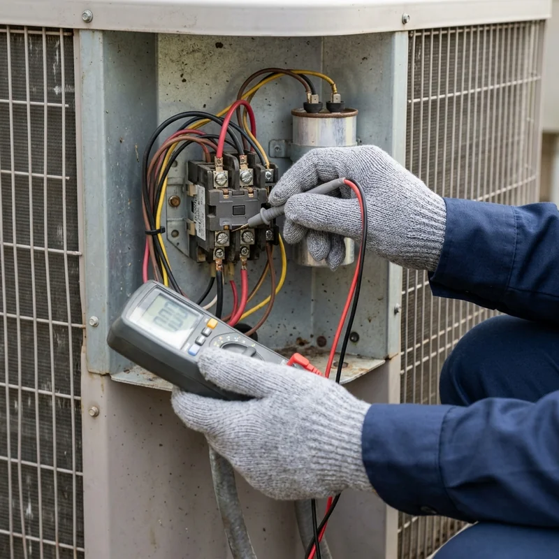 Technician testing an AC contactor during air conditioner repair in Orem, UT