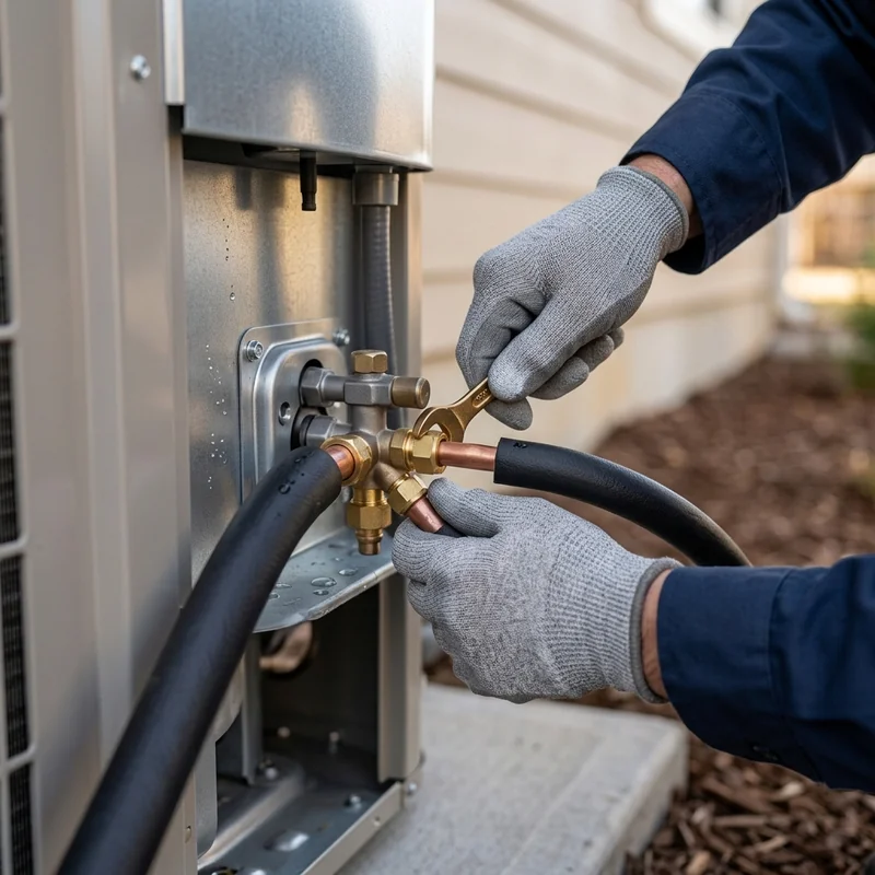 AC replacement in Lehi, UT with a technician connecting the refrigerant line set