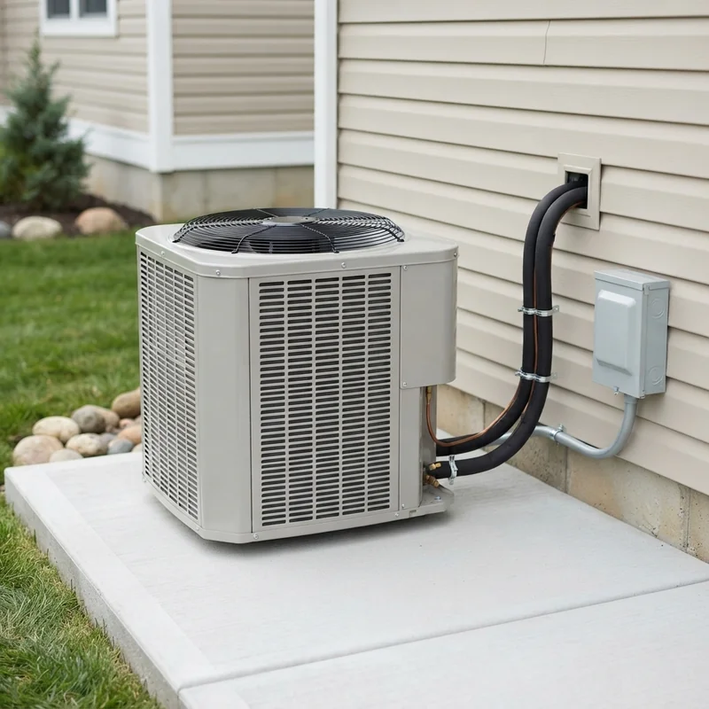 New central AC condenser installed beside a home in Pleasant Grove, UT