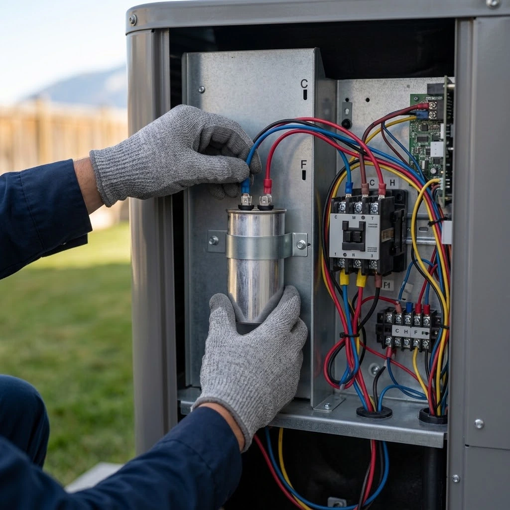 AC repair in American Fork, UT with a technician replacing a run capacitor