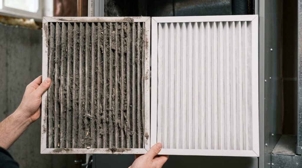 Furnace Burning Smell in Salt Lake City: Normal or a Problem? 1 Dirty furnace filter next to a clean replacement in a Salt Lake City home