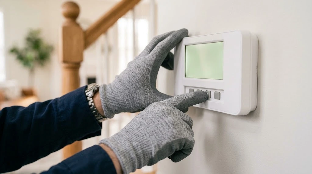 Thermostat installation in Taylorsville, UT with a technician programming a new thermostat