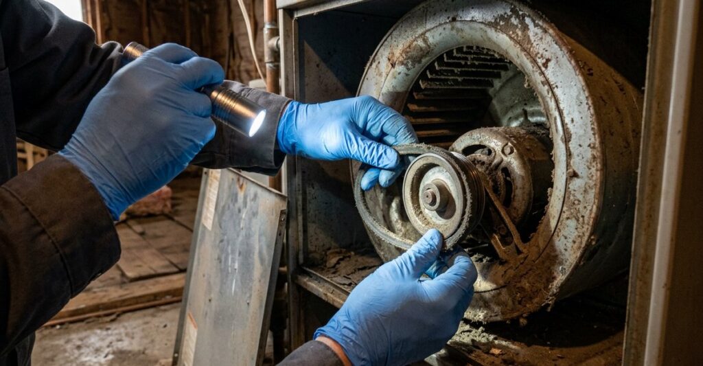 Furnace Making Noises in Provo? What Each Sound Means 1 Technician inspecting a squealing furnace blower motor in a Provo home