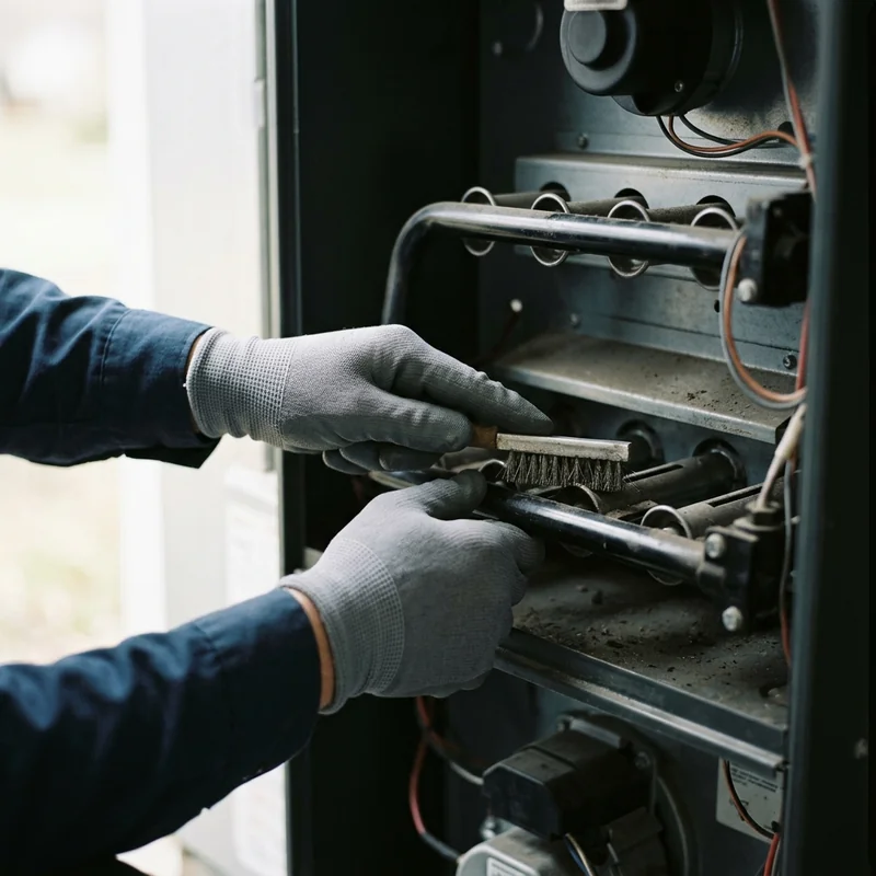 Technician cleaning furnace burners during a heater tune-up in Pleasant Grove, UT