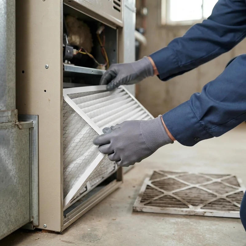 Technician replacing the air filter during furnace maintenance in Provo, UT Furnace Filter Replacement