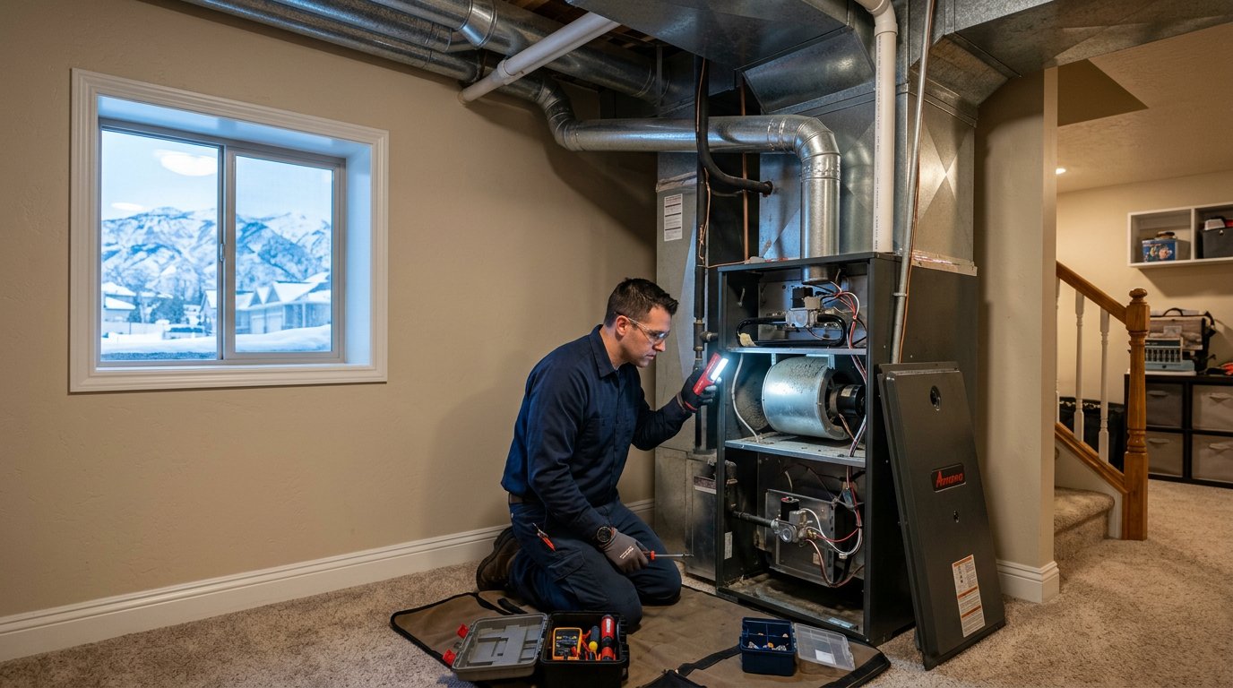 HVAC technician checking a furnace making noises in a Provo basement