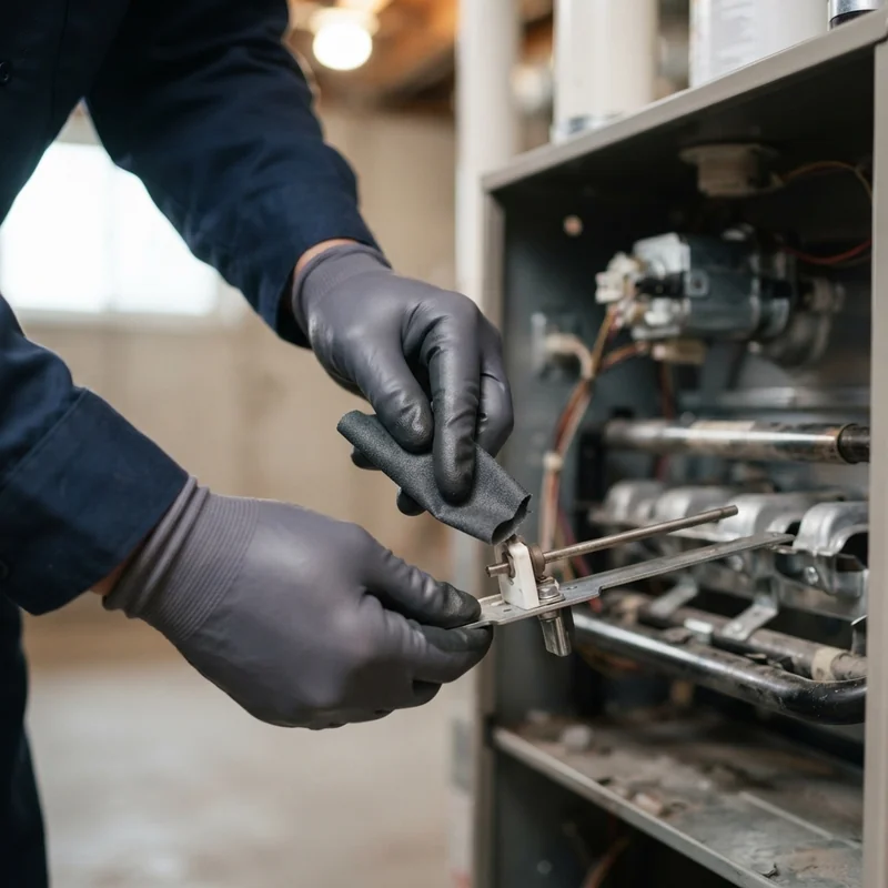Technician cleaning a furnace flame sensor during furnace repair in Pleasant Grove, UT