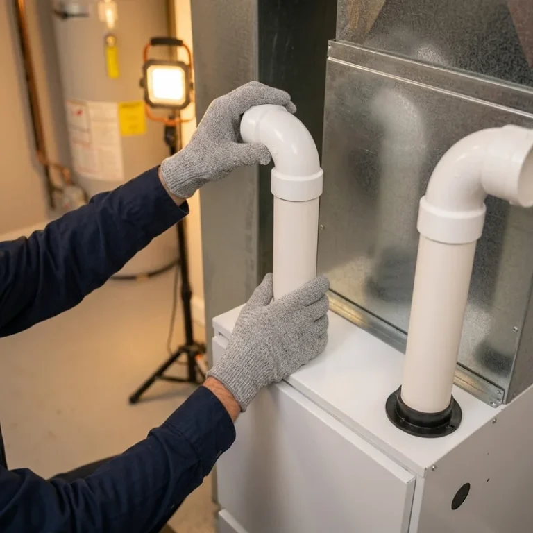 Furnace replacement in Lehi, UT with a technician fitting PVC vent pipes
