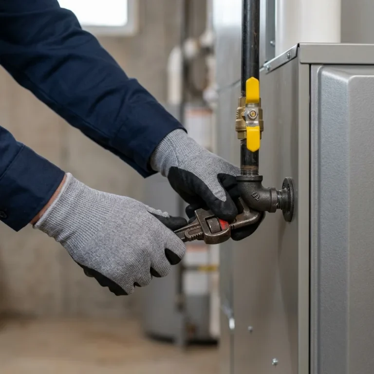 Furnace replacement in Orem, UT with a technician connecting the gas line to a new furnace