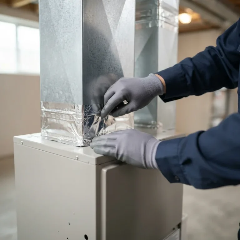 Technician sealing ductwork on a new furnace installation in Pleasant Grove, UT