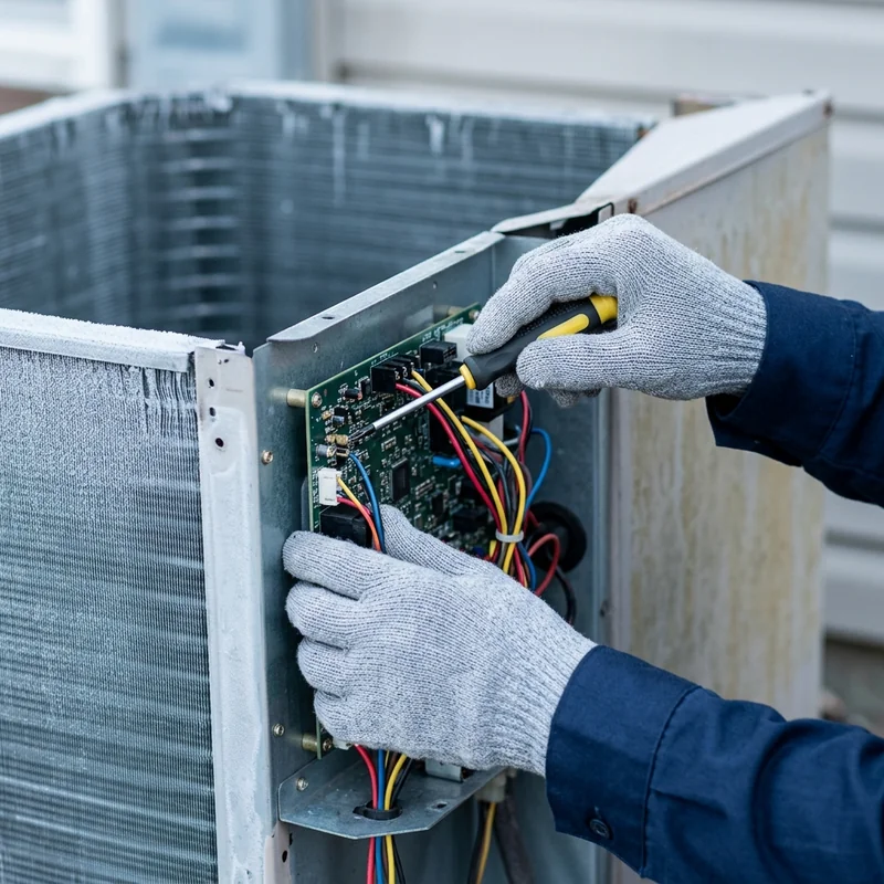 Technician checking a heat pump defrost control during service in Orem, UT