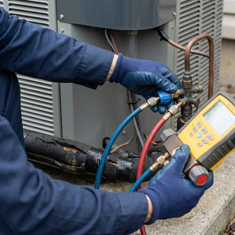 Technician checking refrigerant pressure during heat pump repair in Pleasant Grove, UT