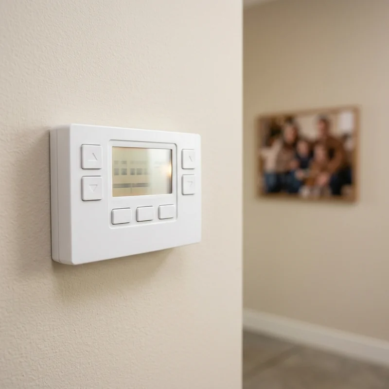 Programmable thermostat installed on a hallway wall in an Orem, UT home