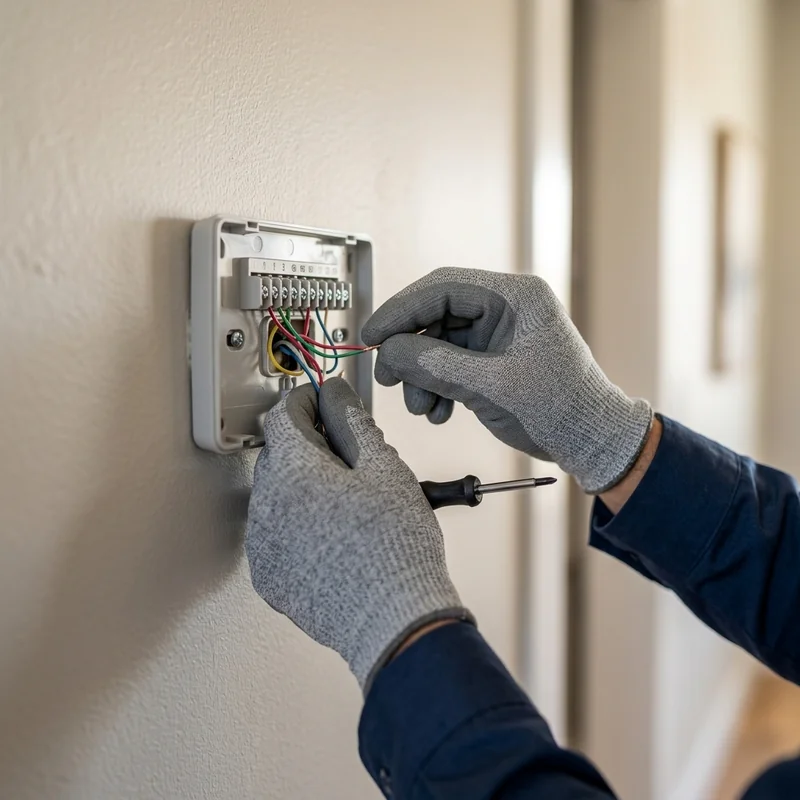 Thermostat installation in Lehi, UT with a technician connecting thermostat wires